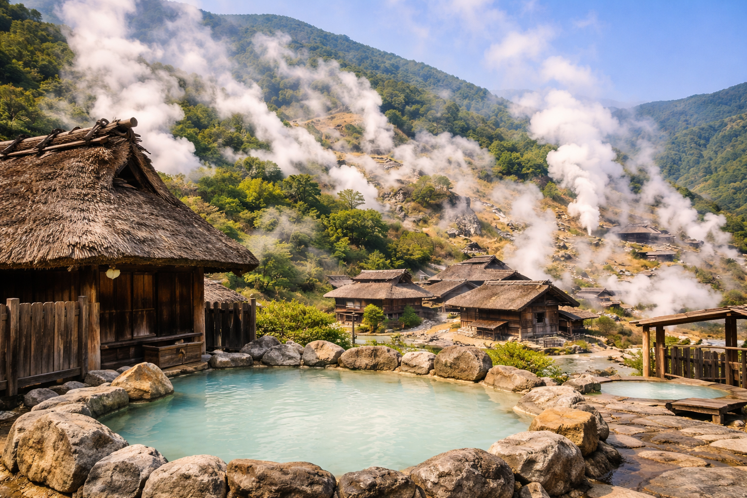 皮膚疾患にも効能が高い湯けむりが立ち上る明礬温泉のイメージ風景