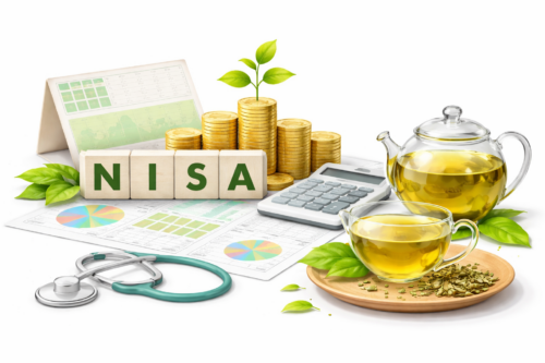 資産形成のための電卓と松葉茶の健康イメージ・ NISA投資生活