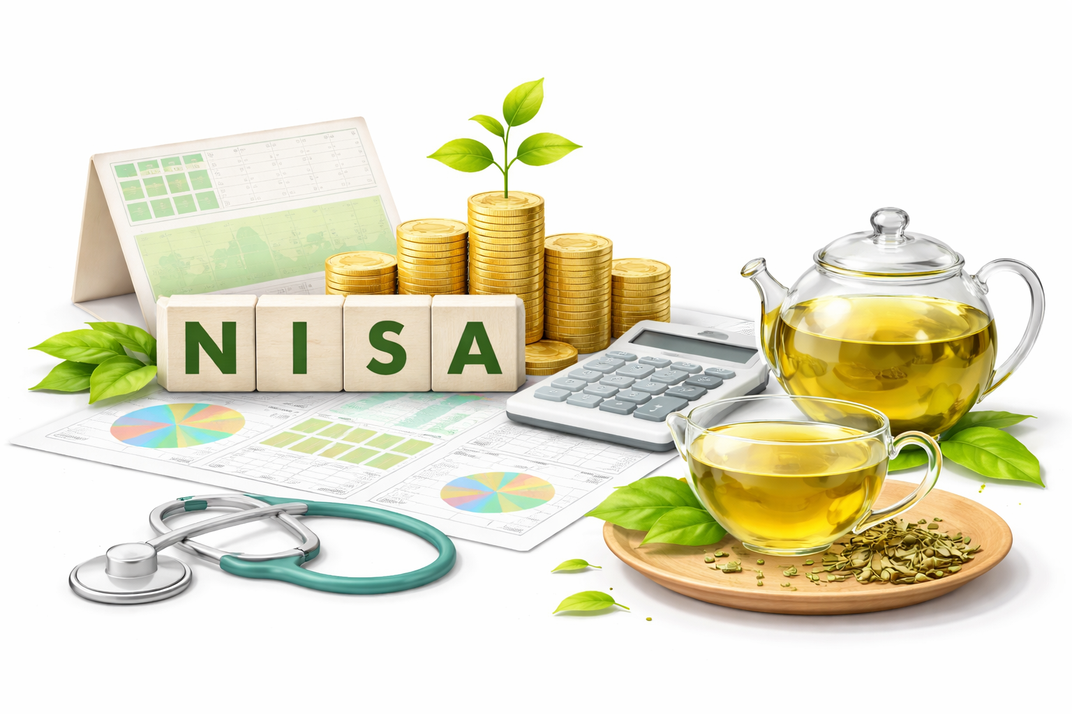 資産形成のための電卓と松葉茶の健康イメージ・ NISA投資生活
