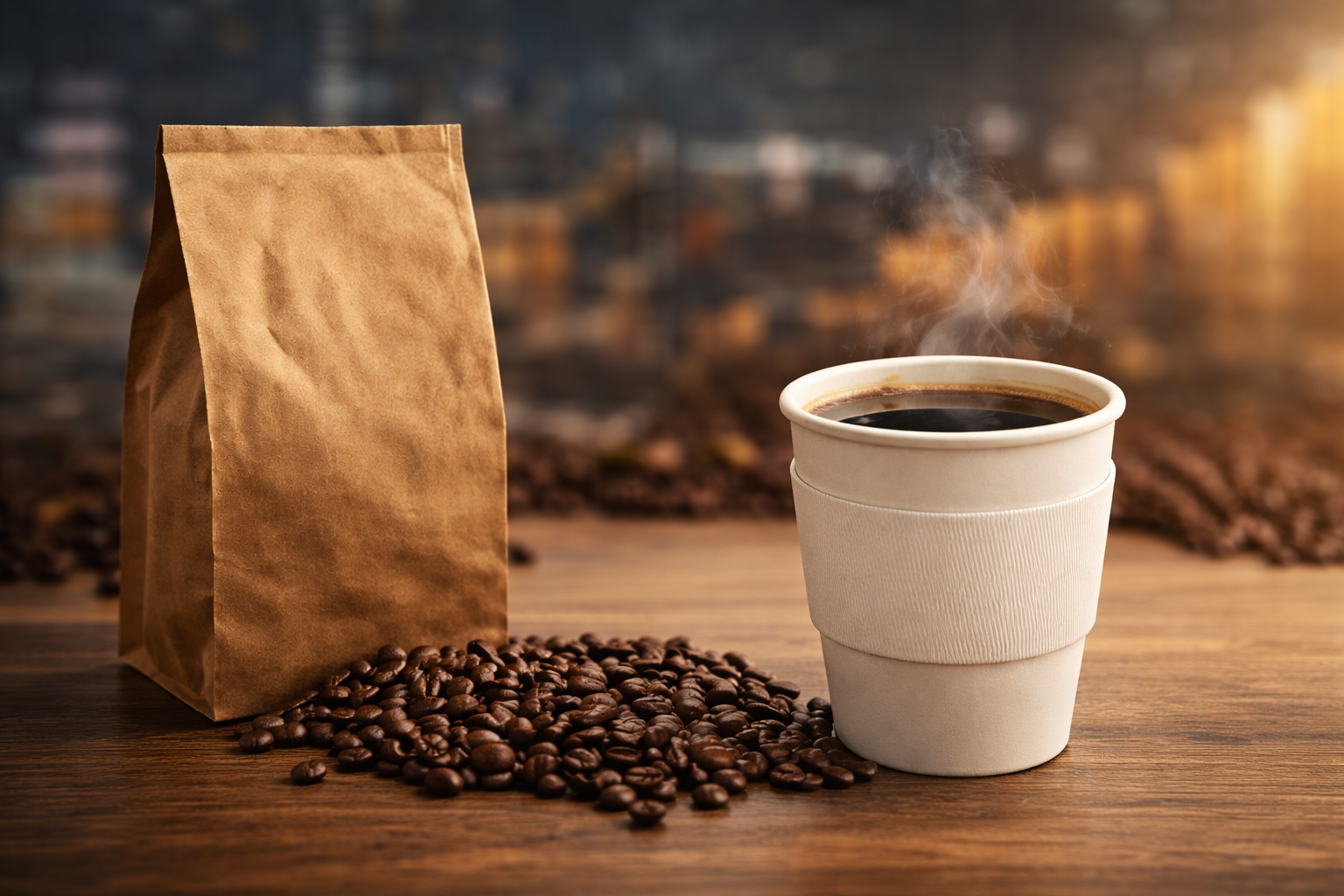 コーヒー豆＆コーヒーで物価高騰をイメージした写真