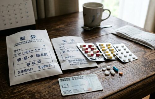 薬袋と国民健康保険証と医療費領収書が並ぶ、50代からの医療費改正と窓口負担の変化
