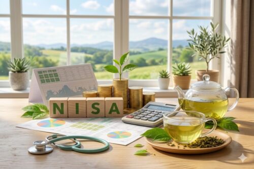 資産形成のための電卓と松葉茶の健康イメージ・ NISA投資生活