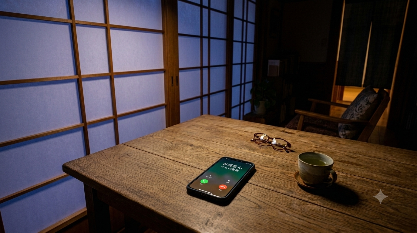 夜ひとりで親からの電話に悩む50代女性のイメージ